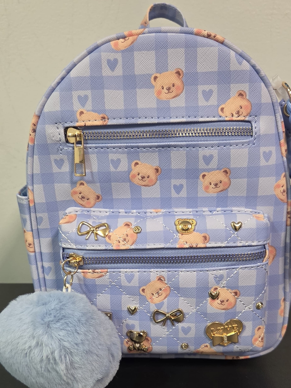 Under One Sky Light Blue Bear Mini Backpack with Pom Pom Charm
